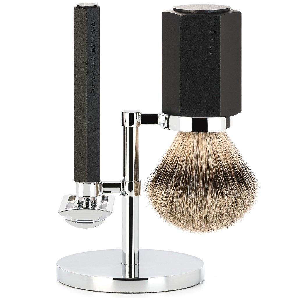 Hexagon Scheerkwast & Razor Standaard Chroom